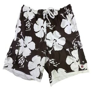 Tony Hawk Swim Trunks Men's XXL Brown White Hibiscus Floral Cargo Board Shorts